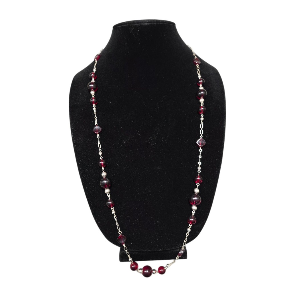 Beaded Necklace Burgundy Red Silver Tone Accent Chain Elegant Fashion‎